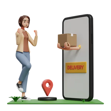Femme heureuse recevant le colis du courrier apparaissant depuis l'écran du mobile  3D Illustration