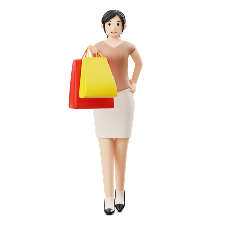 Femme heureuse tenant un sac de courses  3D Illustration