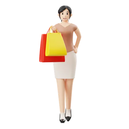 Femme heureuse tenant un sac de courses  3D Illustration