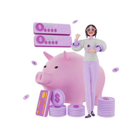 Une femme heureuse transfère de l'argent pour des économies de cochon  3D Illustration