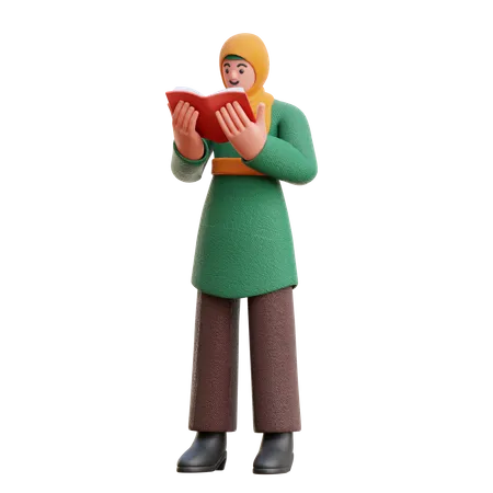 Hijab féminin lisant un livre sérieusement en position debout  3D Illustration