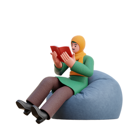 Hijab féminin lisant un livre assis sur un pouf  3D Illustration