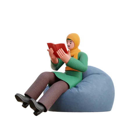 Hijab féminin lisant un livre assis sur un pouf  3D Illustration