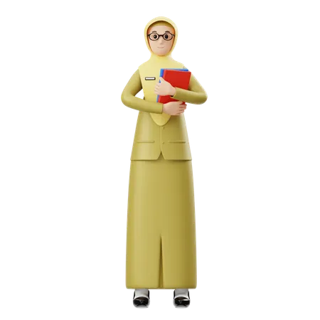 Femme enseignante en hijab tenant des livres  3D Illustration