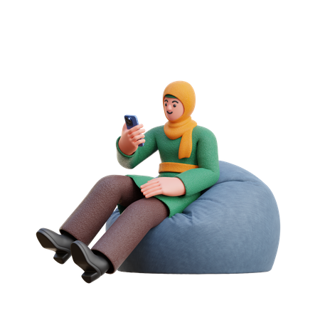 Hijab féminin regarde un smartphone assis sur un sac de haricots  3D Illustration