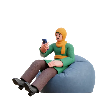 Hijab féminin regarde un smartphone assis sur un sac de haricots  3D Illustration