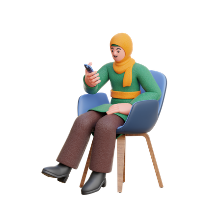 Hijab féminin regarde un smartphone assis sur une chaise  3D Illustration