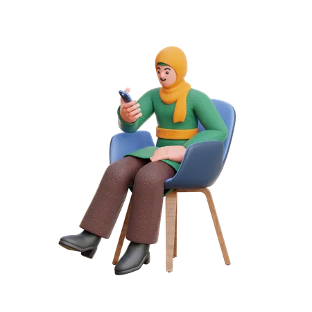 Hijab féminin regarde un smartphone assis sur une chaise  3D Illustration