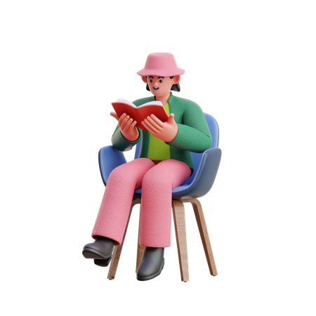 Femme lisant un livre tout en étant assise sur une chaise  3D Illustration