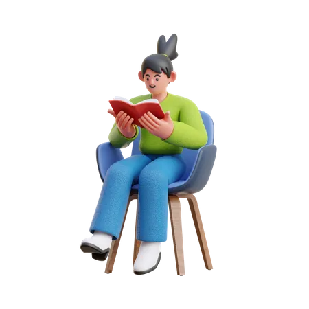 Femme lisant un livre tout en étant assise sur une chaise  3D Illustration
