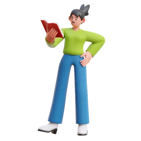 Femme lisant un livre en position debout  3D Illustration