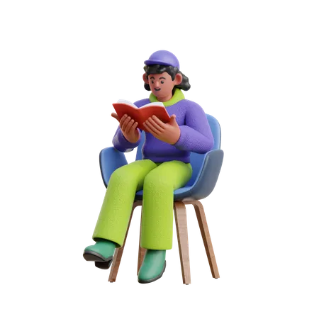 Femme lisant un livre tout en étant assise sur une chaise  3D Illustration