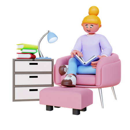 Femme lisant un livre et s'asseyant sur un canapé  3D Illustration