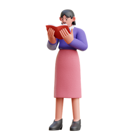 Femme lisant sérieusement un livre en position debout  3D Illustration