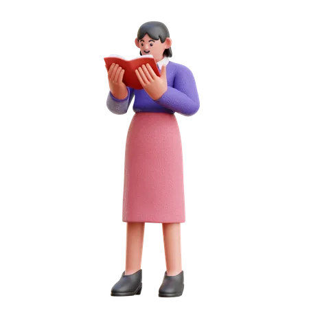 Femme lisant sérieusement un livre en position debout  3D Illustration