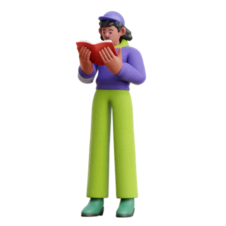 Femme lisant sérieusement un livre en position debout  3D Illustration