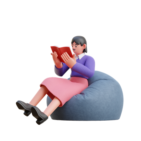 Femme lisant un livre tout en étant assise sur un sac de haricots  3D Illustration