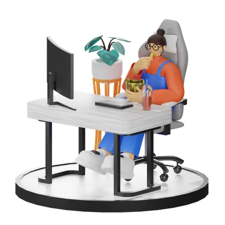 Une femme mange des collations tout en travaillant sur un ordinateur  3D Illustration