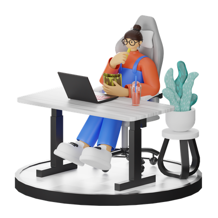 Une femme mange des collations tout en travaillant sur un ordinateur portable  3D Illustration