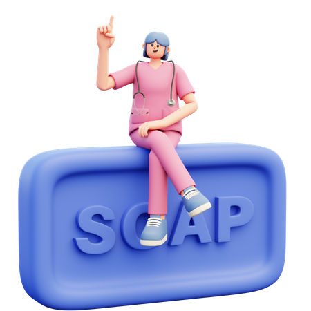Femme médecin assise sur un gros morceau de savon bleu  3D Illustration