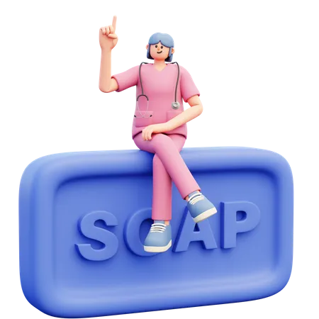 Femme médecin assise sur un gros morceau de savon bleu  3D Illustration