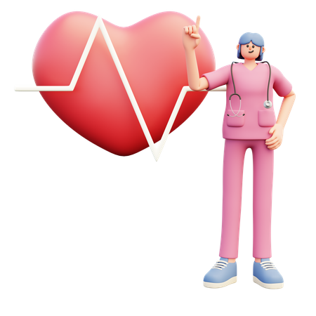 Femme médecin avec cardiogramme coeur rose  3D Illustration