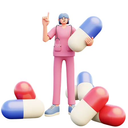 Femme médecin avec de grosses pilules  3D Illustration