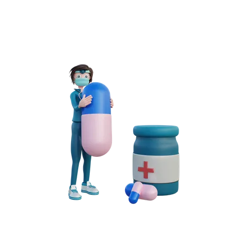 Femme médecin avec des médicaments  3D Illustration