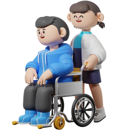 Une femme médecin conduit un patient en fauteuil roulant  3D Illustration