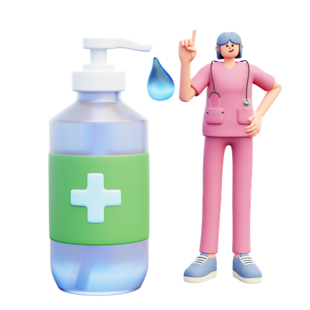 Femme médecin debout près d'une grande bouteille distributrice de désinfectant  3D Illustration