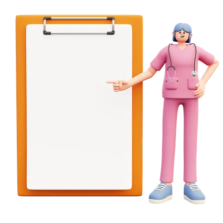 Femme médecin debout près d'un grand presse-papiers avec du papier blanc  3D Illustration