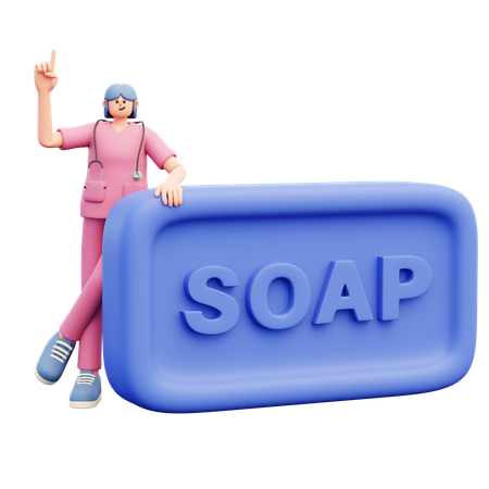 Femme médecin debout près d'un grand morceau de savon bleu  3D Illustration