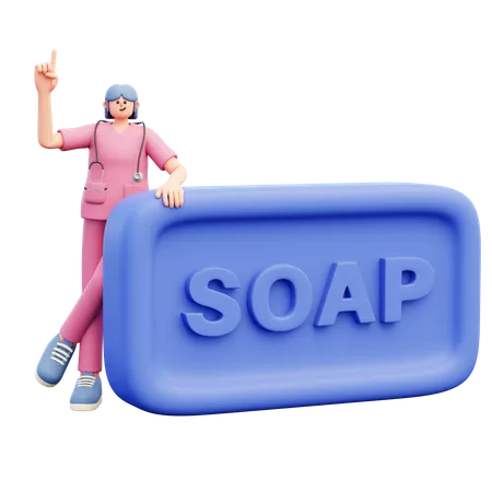 Femme médecin debout près d'un grand morceau de savon bleu  3D Illustration