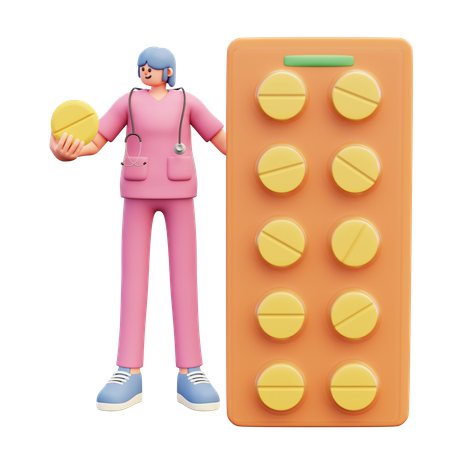 Femme médecin debout près d'un gros paquet de pilules  3D Illustration