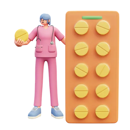 Femme médecin debout près d'un gros paquet de pilules  3D Illustration