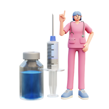 Femme médecin debout près d'une grande seringue  3D Illustration
