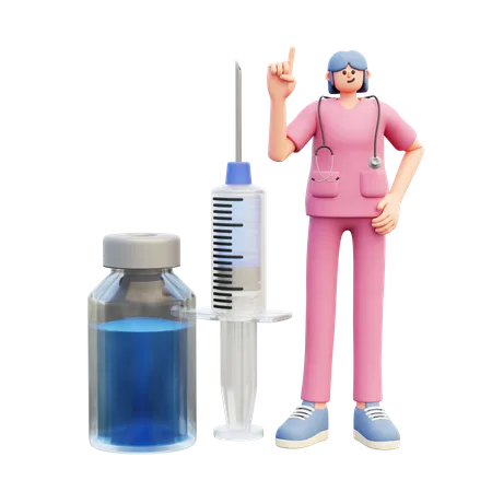 Femme médecin debout près d'une grande seringue  3D Illustration