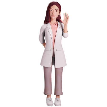 Une femme médecin lève la main gauche pour saluer ou dire bonjour,  3D Illustration