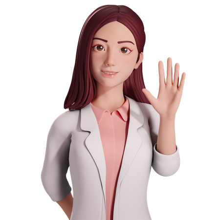 Une femme médecin lève la main gauche pour saluer ou dire bonjour,  3D Illustration