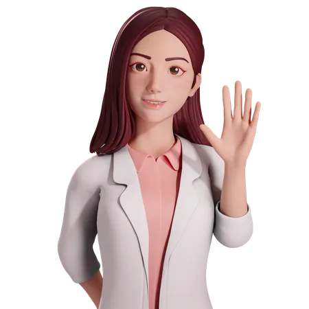 Une femme médecin lève la main gauche pour saluer ou dire bonjour,  3D Illustration