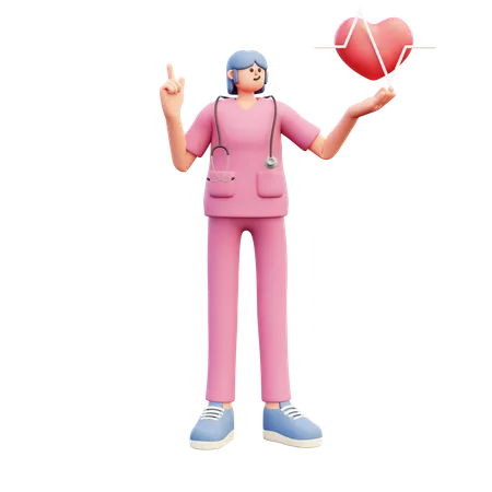 Femme médecin montrant le rythme cardiaque et pointant vers le haut  3D Illustration