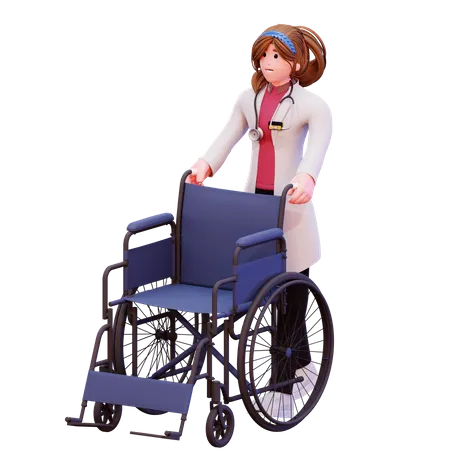 Femme médecin poussant un fauteuil roulant  3D Illustration