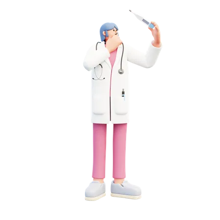 Femme Médecin Regardant Un Thermomètre Réflexion Profonde  3D Illustration