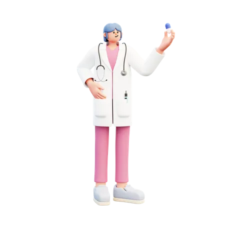 Femme médecin tenant une capsule  3D Illustration