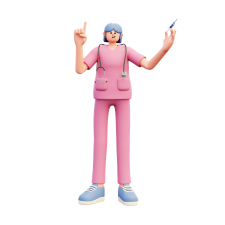 Femme médecin tenant Srynge pointant vers le haut  3D Illustration