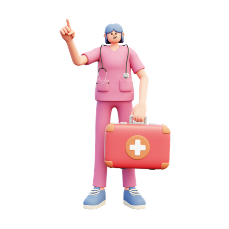 Femme médecin tenant une boîte médicale tout en pointant vers le haut  3D Illustration