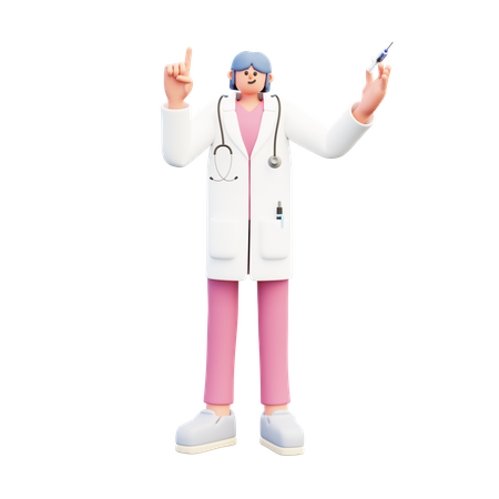 Femme médecin tenant une seringue et pointant vers le haut  3D Illustration