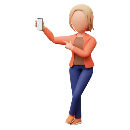 Femme montrant l'écran du smartphone  3D Illustration