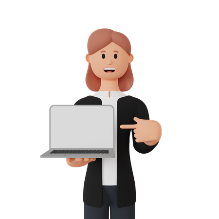 Femme montrant l’écran d’un ordinateur portable  3D Illustration