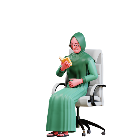 Femme musulmane assise sur une chaise en lisant le Coran  3D Illustration